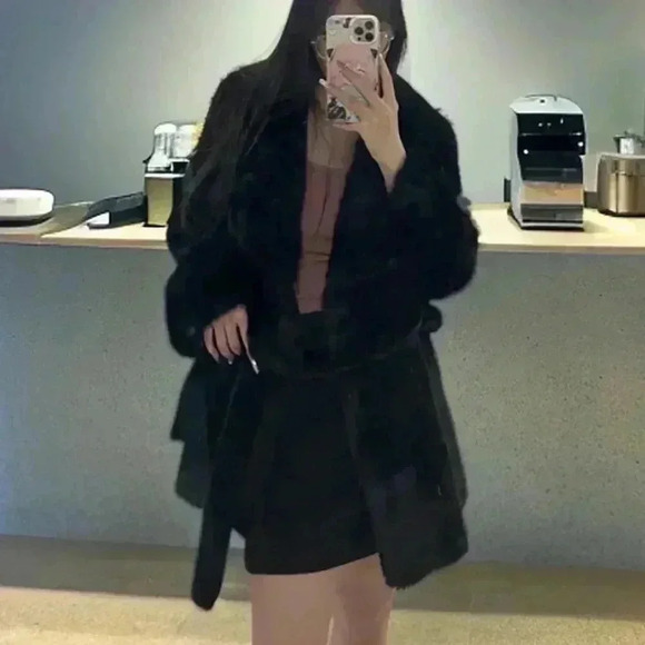 Jackets & Blazers - Black Casual Women's Long Sleeve Faux Fur Collar Tie Waist Outerwear